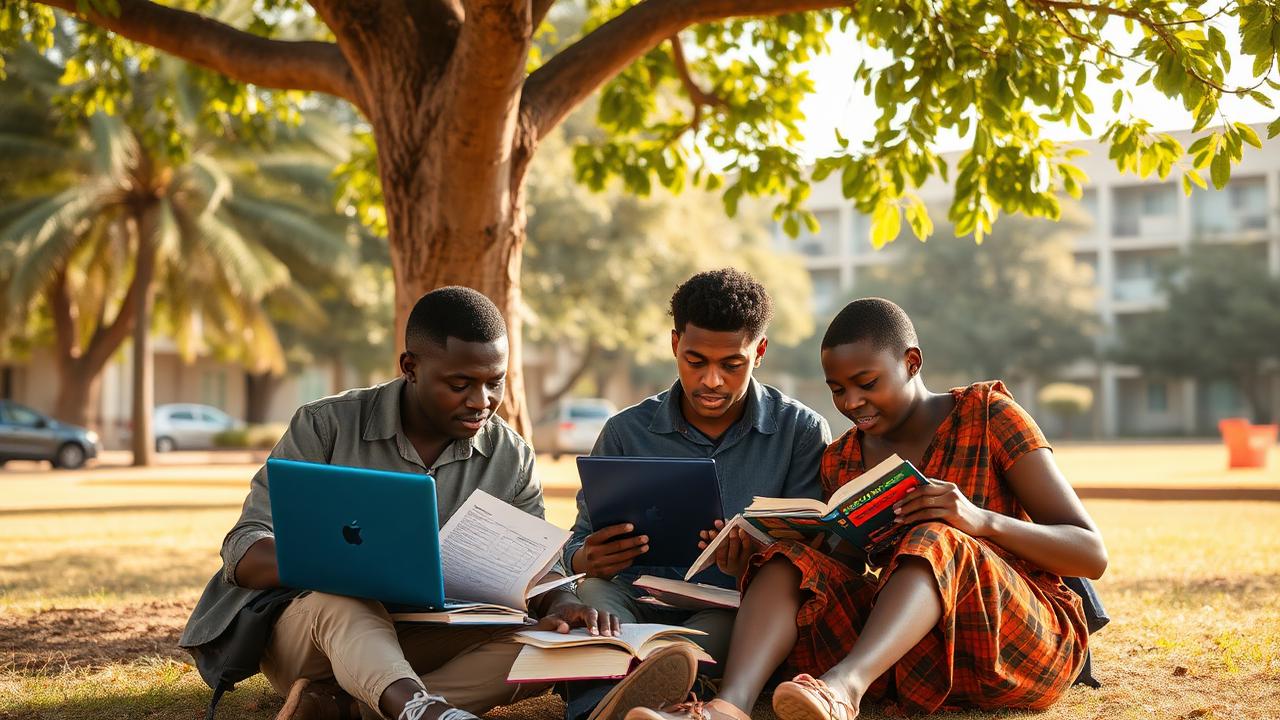 South Sudanese students studying together outdoors on campus